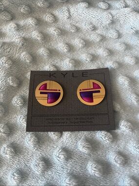 Gold Plated Round Earrings with Pink and Purple Inlay